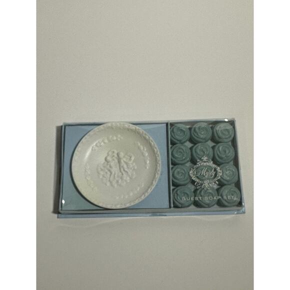 Marly Guest Soap Set w/ White Angel Embossed Dish & Blue Rose Soaps Vintage 1960